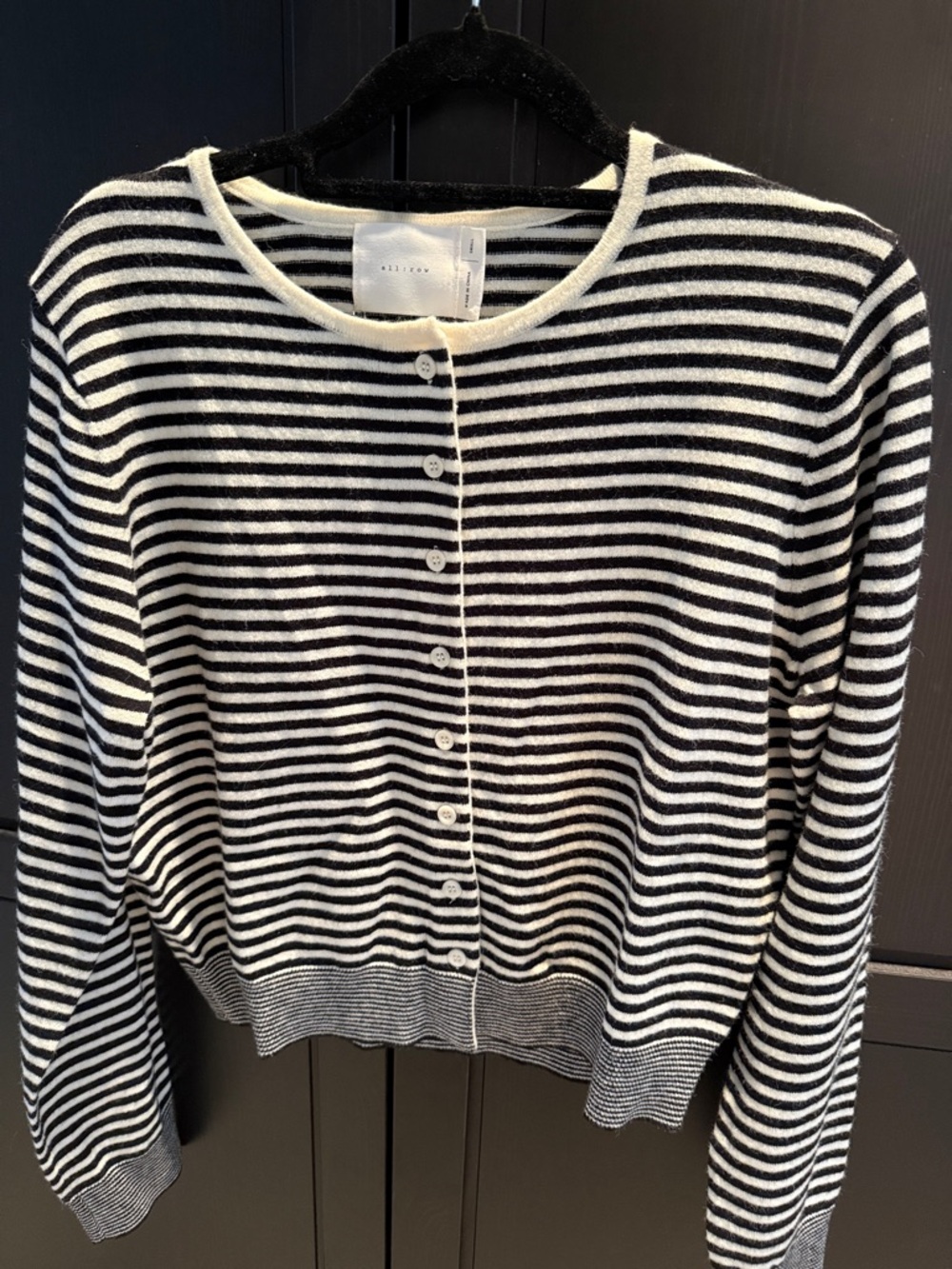 Striped Black and White Crewneck Cardigan Sweater